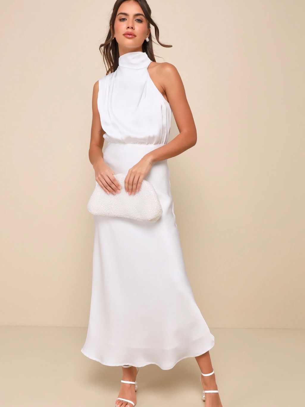High-Neck White Midi Dress Reception Dress